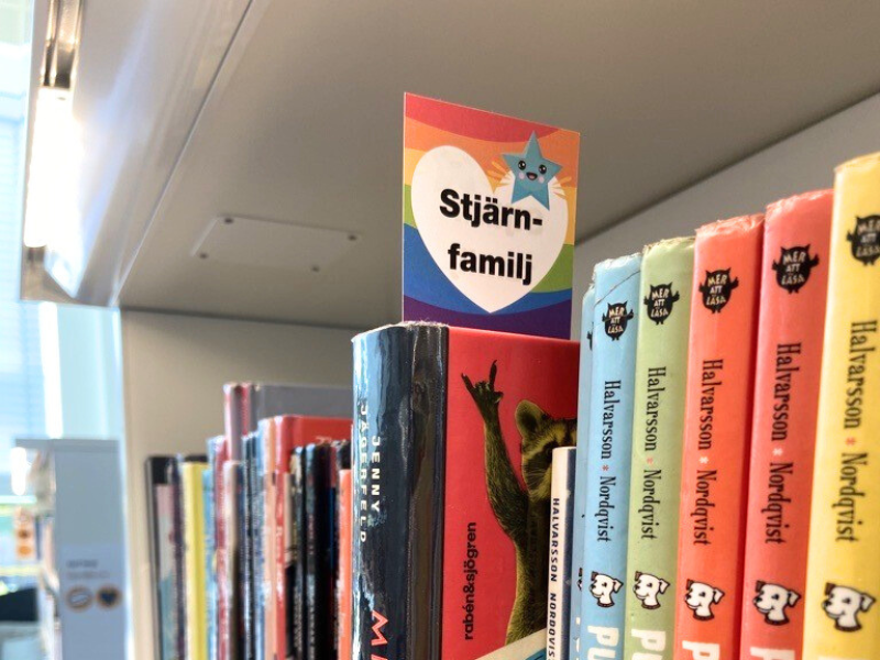 Böcker på en hylla. En av böckerna har ett bokmärke med en stjärna.